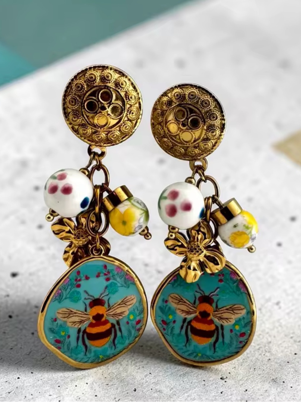Whimsical Bee Blue Floral Charm Earrings - Picture 8 of 13